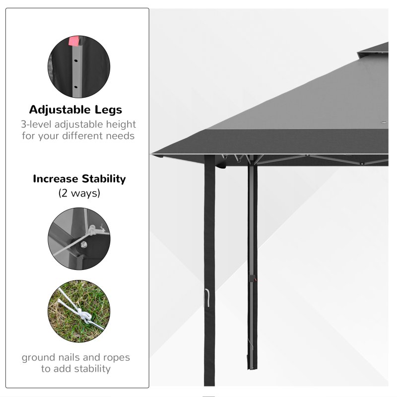 Outsunny 4 x 4m Pop-up Gazebo Double Roof Canopy Tent with UV Proof, Roller Bag & 3-Level Height Adjustable Outdoor Party, Steel Frame, Grey