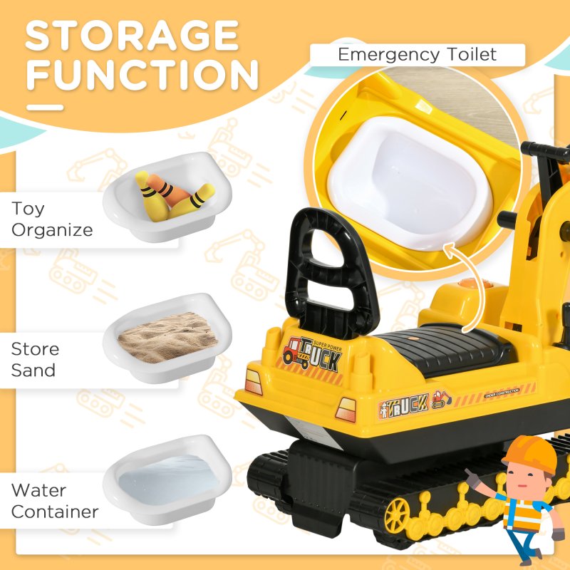 HOMCOM Kids Ride On Toy Digger Excavator Toy Tractors Walker Toddler Truck Basket Storage For Boys Girls 18-48 Months Yellow NO POWER