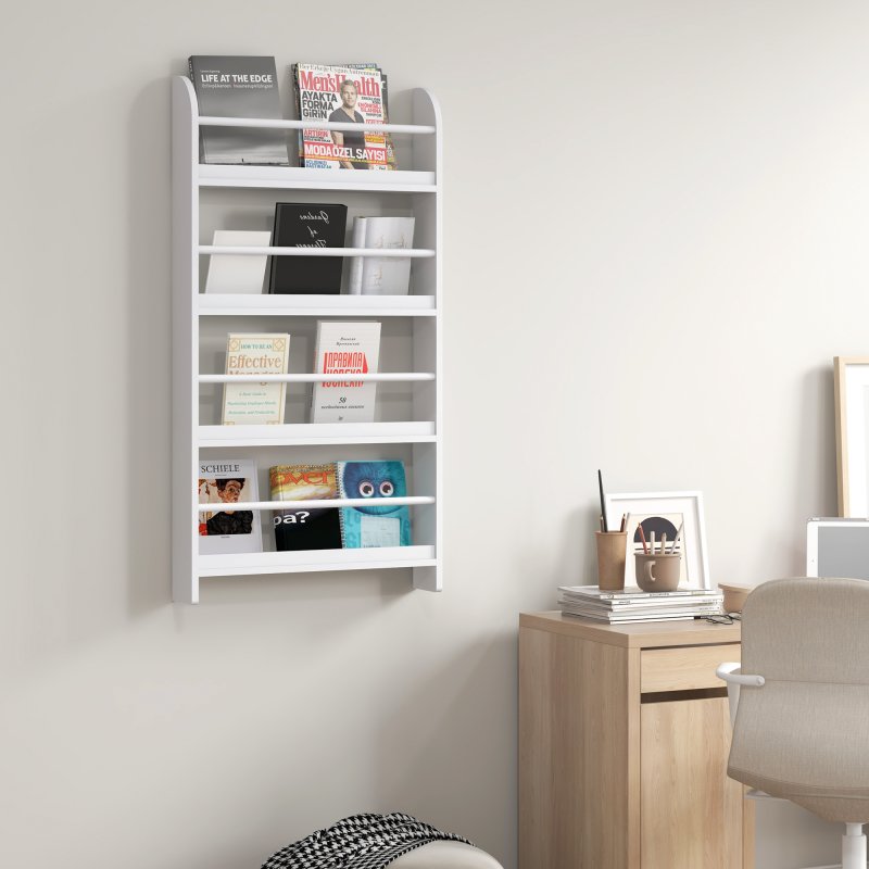HOMCOM Hanging Wall File Holder, 4 Tier Desk Tidy Organiser, Paper Document Magazine Storage Rack with Wooden Baffles for Office Home, Accessories Supplies, White