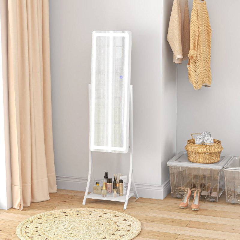 HOMCOM Full Length Mirror with LED Lights, Dimmable Free Standing Full Body Mirror with 3 Temperature Colours, Adjustable Angle and Storage Shelf for Bedroom, Living Room, Hallway, White