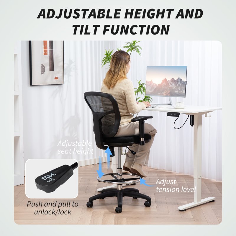 HOMCOM Drafting Chair with Adjustable Armrests, Ergonomic Mesh Office Chair with Lumbar Support, Adjustable Height and Footrest for Standing Desk, Black