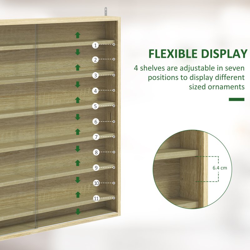 HOMCOM 7-Tier Wall Mounted Display Cabinet, Display Case with 6 Adjustable Shelves, Glass Doors for Home Office Ornaments 83x80cm, Oak