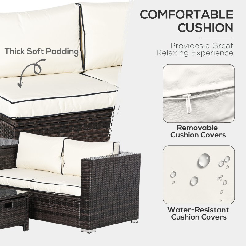 Outsunny 4 Pieces Rattan Garden Furniture Set, 4 Seater Corner Sofa Set with Storage Box, 2 Drawers Coffee Table, Loveseats with Cushions, Wicker Garden Conservatory Furniture for Balcony, Brown