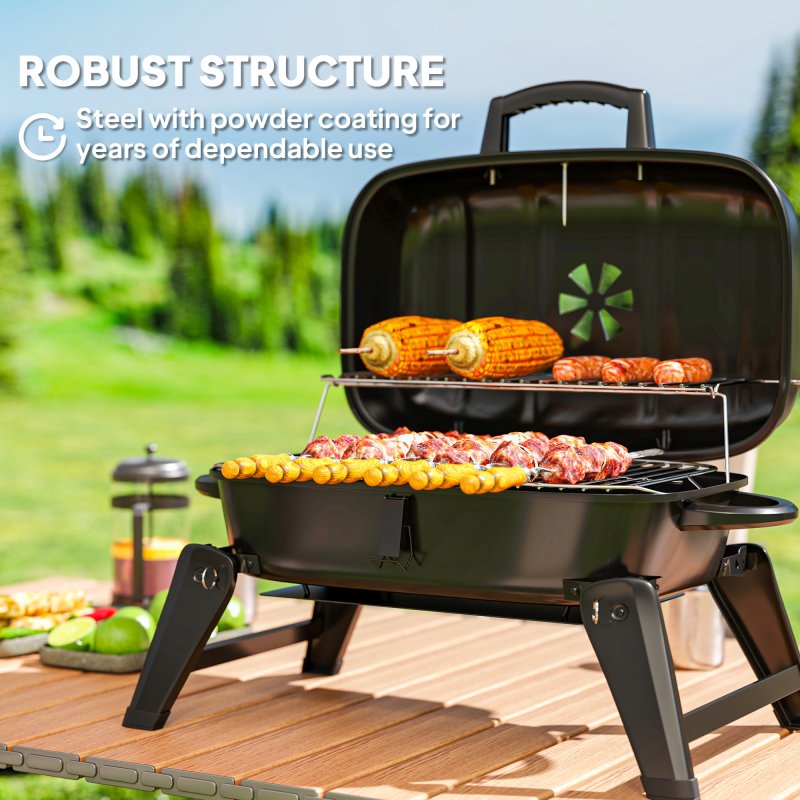 Outsunny Charcoal Barbecue Grill Folding BBQ Grill with 1232 cm? Cooking Area, Adjustable Vent, Thermometer, Handles for Camping Picnic, Black