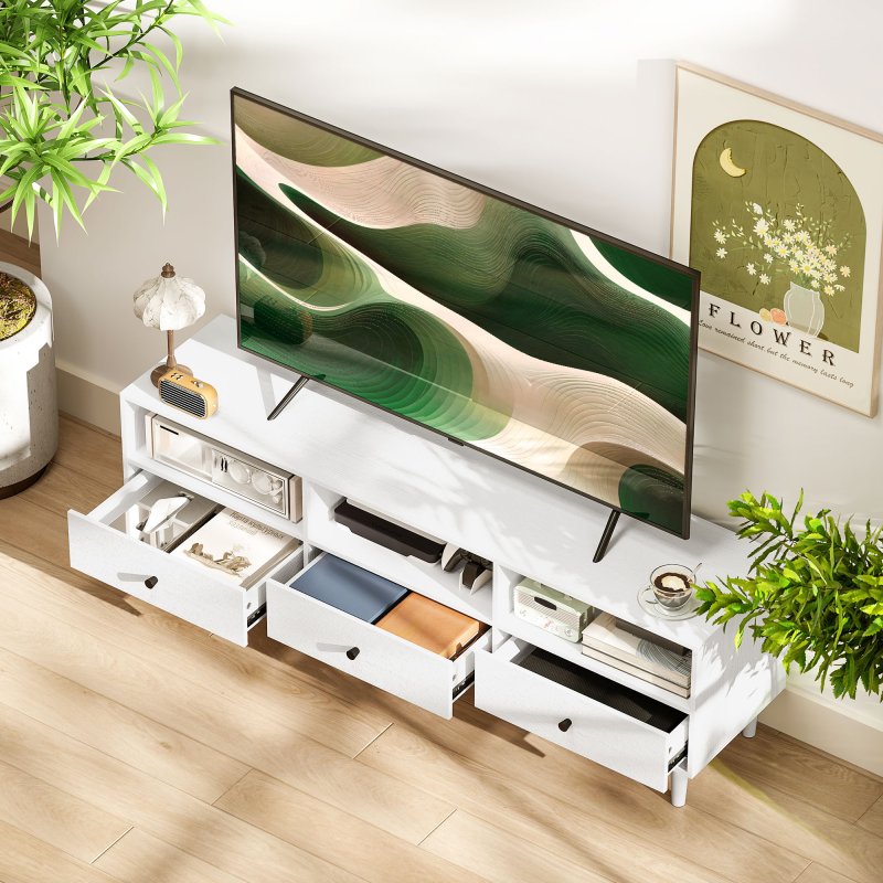 HOMCOM 140cm TV Stand Cabinet, Modern TV Unit Console Table for up to 75", with 3 Drawers, 3 Open Storage Shelves, Cable Management, Media Entertainment Centre for Living Room, Bedroom, White