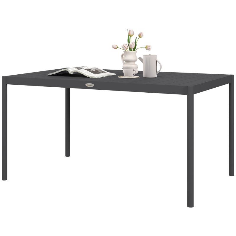 Outsunny 145cm Garden Table, Rectangle Outdoor Dining Table for 6 People, with Steel Legs and Slatted Aluminium Top, for Balcony, Lawn, Dark Grey