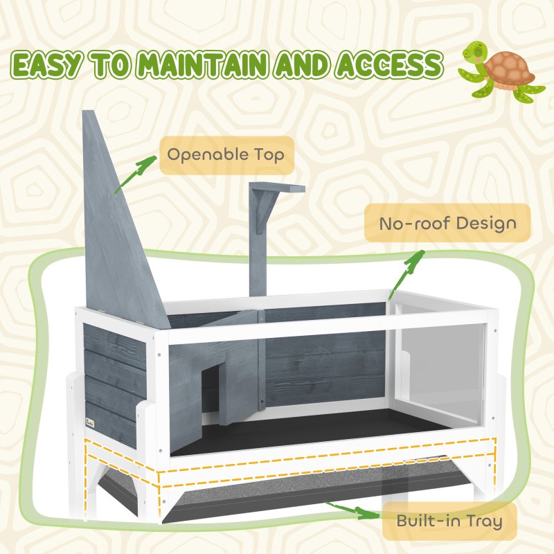 PawHut Wooden Tortoise House with Storage Shelf, Tortoise Enclosure Habitat with Clear Windows, Lamp Holder, Openable Top, Built-in Tray, for Indoor Use, Grey