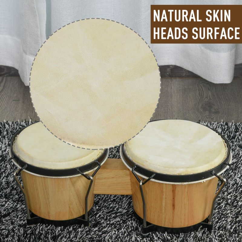 HOMCOM Wooden Bongo Drum Set ??7.75" & ??7" w/ Drum Head, Percussion Instrument, Drums, Tuning Wrench For Adults Beginners