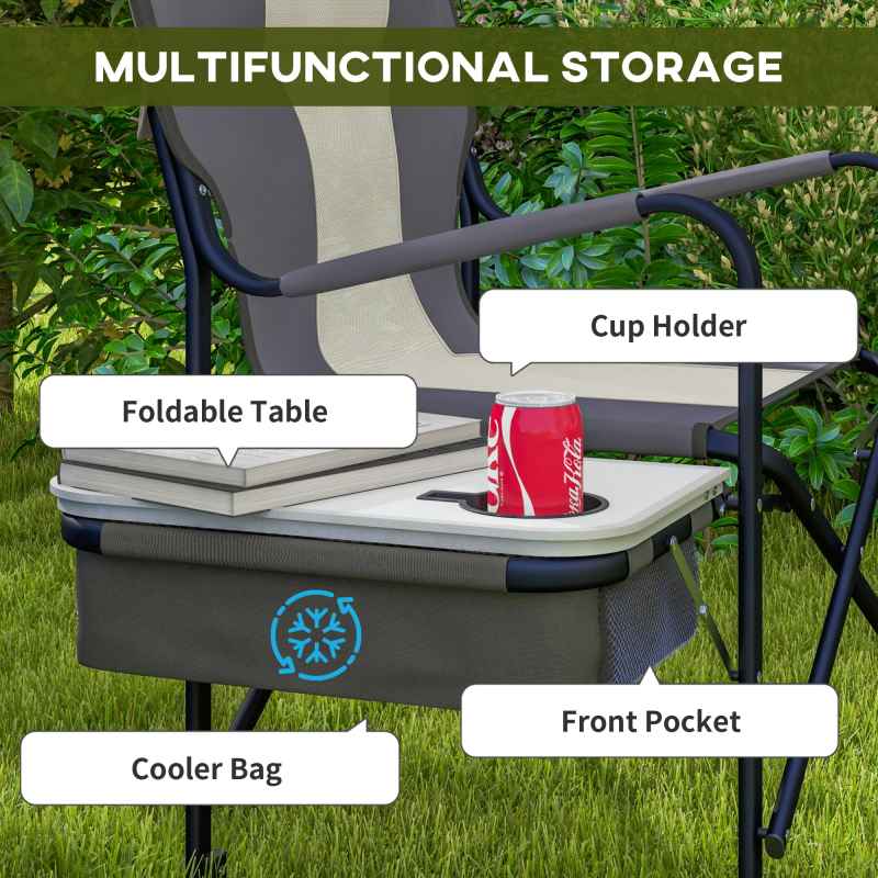 Outsunny Aluminium Directors Chair, Folding Camping Chair for Adults with Side Table, Cup Holder, Cooler Bag and Pocket, Up to 120 kg, Grey