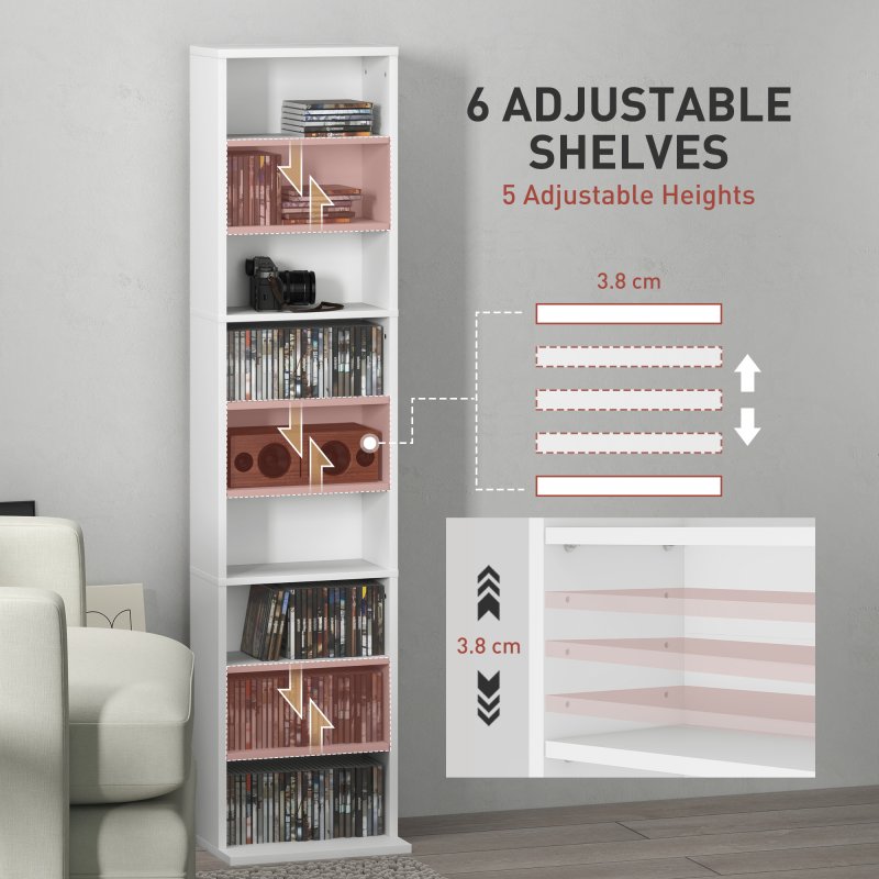 HOMCOM 260 CD/120 DVD Storage Unit, Blu-ray Media Storage Shelf with 9 Compartments and 6 Adjustable Shelves, CD Tower for Living Room, Bedroom, Office