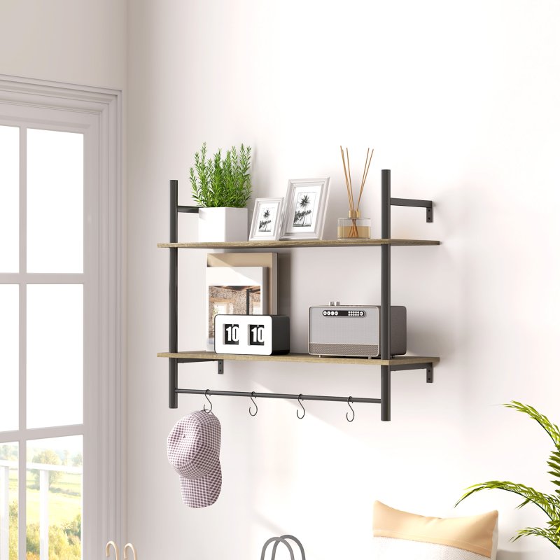 HOMCOM Floating Shelves, 80CM Wall Mounted Shelf with 4 Hooks, Rustic Wood Display Shelf for Living Room, Entryway, Bedroom, Grey
