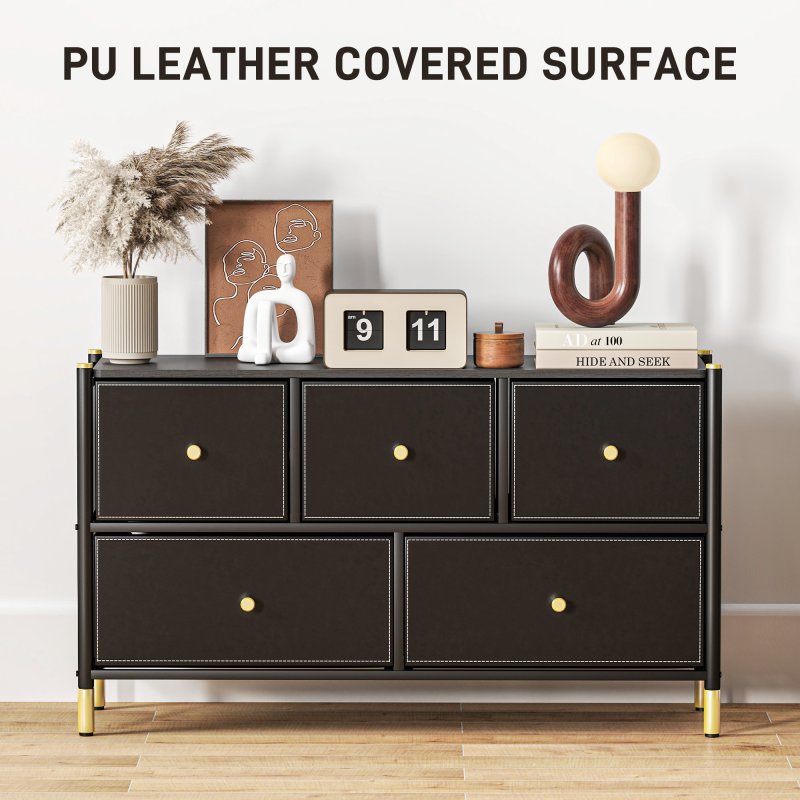 HOMCOM Chest of Drawers, 5 Drawer Fabric Dresser with PU Leather Surface, Steel Frame, Storage Organizer Unit for Bedroom, Living Room, Hallway, Closet, Easy to Assemble, Black