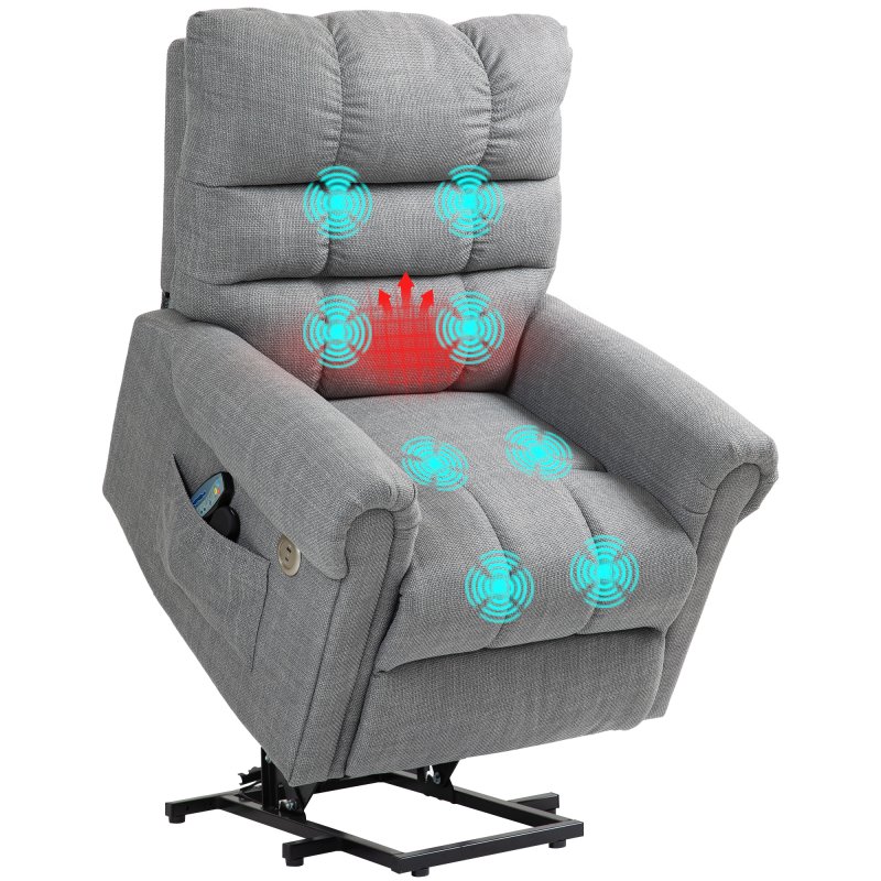 HOMCOM Power Lift Chair for Elderly, Electric Recliner Armchair with Massage and Heat, Type C and USB Ports, Fabric Riser and Reclining Chair with Side Pockets, Grey