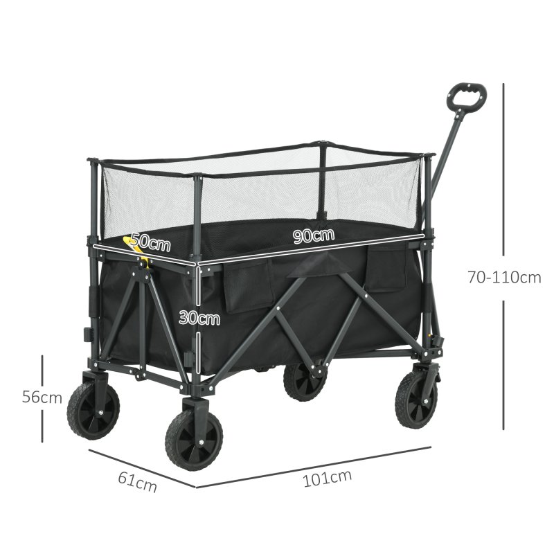 Outsunny 180L Festival Trolley on Wheels, Folding Camping Trolley Cart with Extendable Side Walls and Telescopic Handle, for Garden Beach Fishing, Black