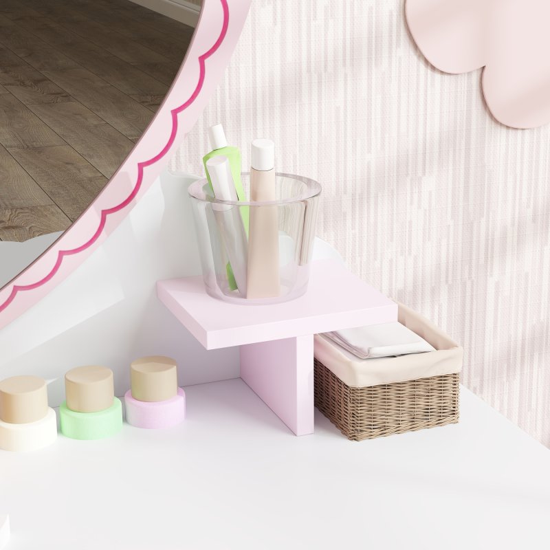 AIYAPLAY Kids Dressing Table Set, 2-Piece Children Vanity Table with Stool, Mirror, Drawer, Desktop, Storage, Heart-Themed Makeup Desk and Chair, Pink