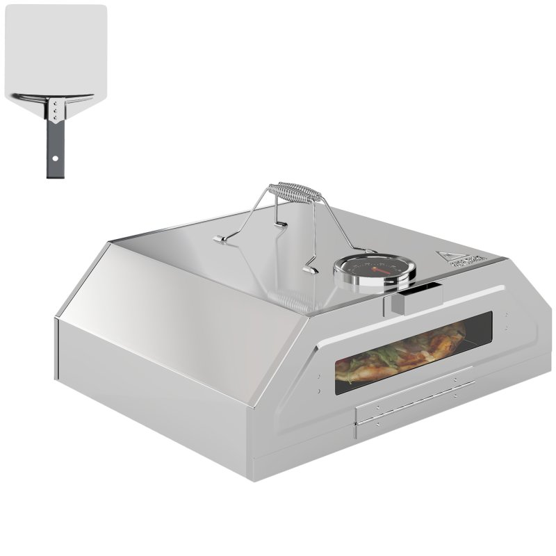 Outsunny 8 in Portable Stainless Steel BBQ Grill Top Pizza Oven with Built-in Thermometer and Viewing Window for Gas and Charcoal BBQ Grills, Includes Carry Handles, Pizza Stone and Peel, Silver Tone