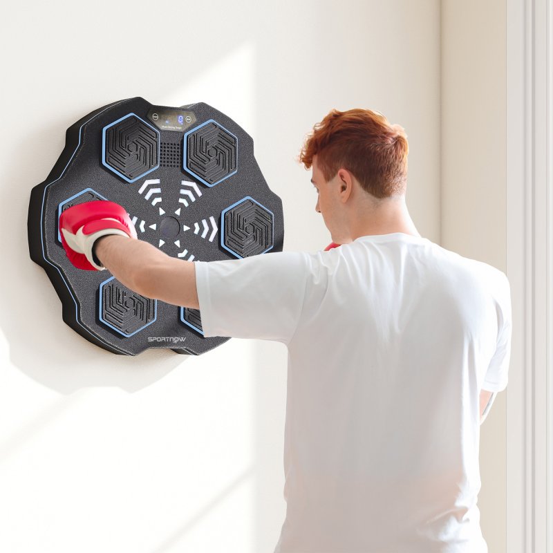 SPORTNOW Music Boxing Machine, Smart Bluetooth Boxing Machine Wall Mounted with 9 Speeds & Modes, LED Lights, Punching Pad for Adults, Black