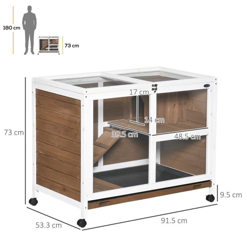 PawHut Rabbit Hutch Indoor Wooden Guinea Pig House Hamster Cage with Wheels, 2 Layers Bunny Cage with Openable Roof, 91.5 x 53.3 x 73 cm, Brown