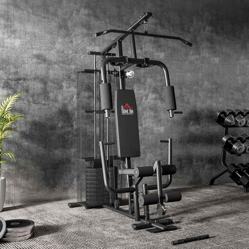 HOMCOM Home Gym Equipment, Multi Gym Workout Station with 45Kg Weight Stack, Chest Station, Butterfly Press & Leg Developer for Strength Training, Black