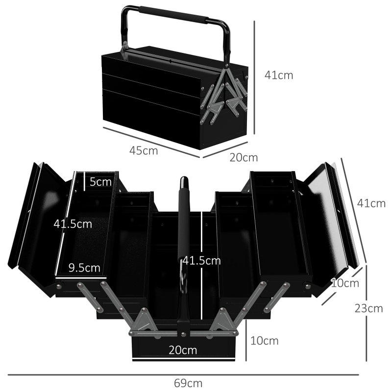 DURHAND Metal Tool Box 3 Tier 5 Tray Professional Portable Storage Cabinet Workshop Cantilever Toolbox with Carry Handle, 45cmx20cmx34.5cm, Black