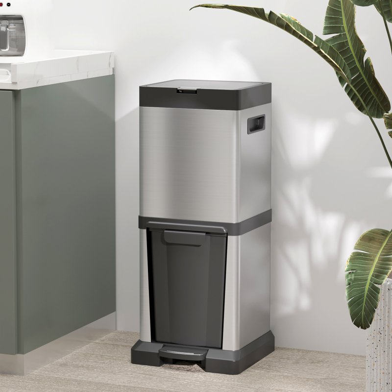HOMCOM Dual Kitchen Bin, 20+14L Double Bin for Recycling and Waste, Stainless Steel Vertical Pedal Bin with Tilt Out Bin, Soft-Close Lid, Removable Inner Buckets and Handles, Silver