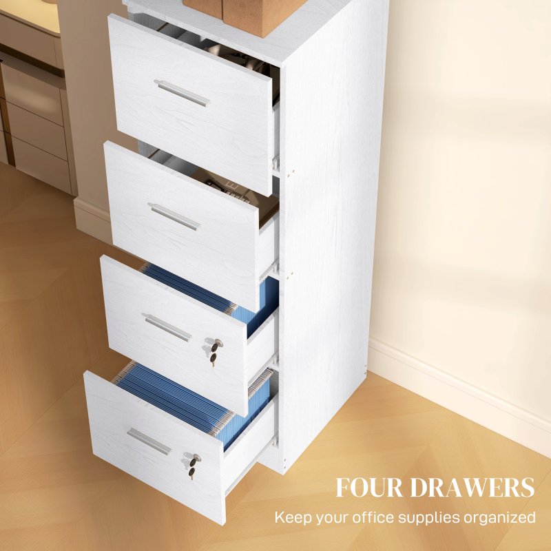 HOMCOM File Cabinet with 4 Drawers for Home Office, Vertical Filing Cabinet with Lock, Adjustable Hanging Bar for A4 and Letter Size, Ash Wood-Effect