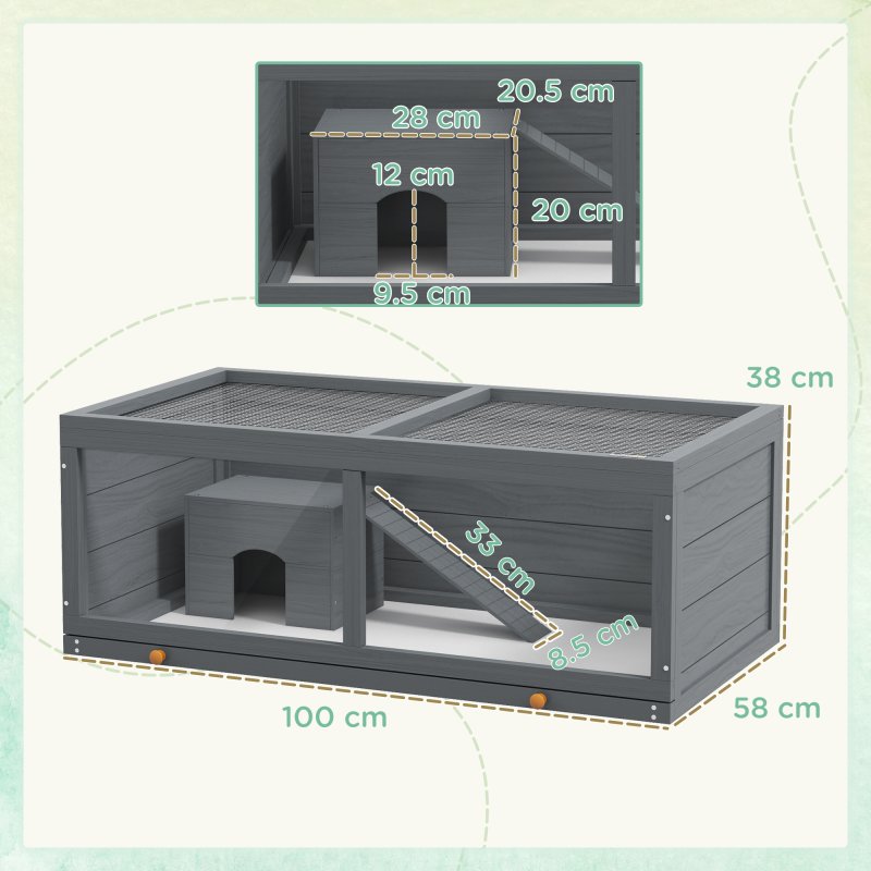 PawHut Wooden Hamster Cage, Small Animal Cage with Sliding Tray, Openable Top, Hut, Exercise Play House for Syrian Hamsters, Grey