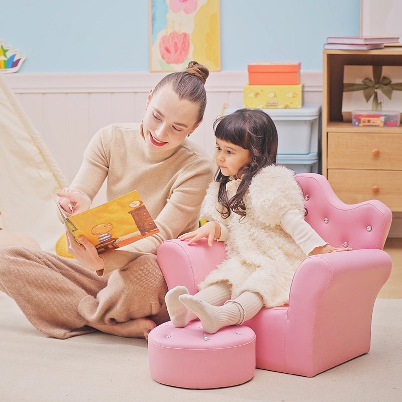 HOMCOM Kids Armchair Toddler Chair Sofa Set with Free Footstool Pink