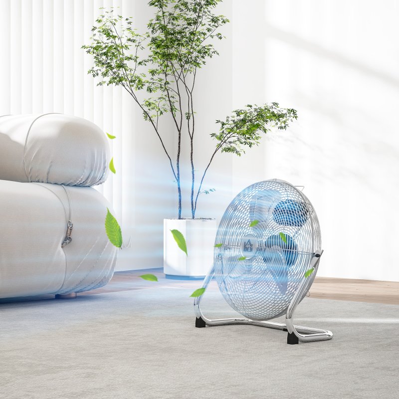 HOMCOM 14 Inches Chrome Metal Floor Fan, High Velocity 3-Speed Home Gym with Adjustable Head, Portable Desk & Table Fan Air Circulator for Home Office, Powerful Airflow, Quiet Operation