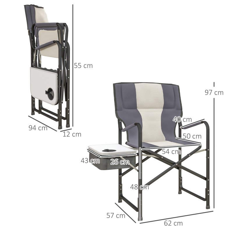 Outsunny Aluminium Directors Chair, Folding Camping Chair for Adults with Side Table, Cup Holder, Cooler Bag and Pocket, Up to 120 kg, Grey