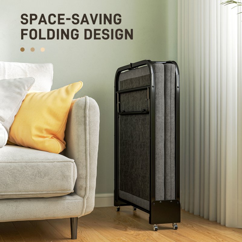 HOMCOM Folding Bed with Mattress, Foldable Guest Bed on Wheels, Portable Single Bed with 7cm Mattress, 188 x 76cm, Grey
