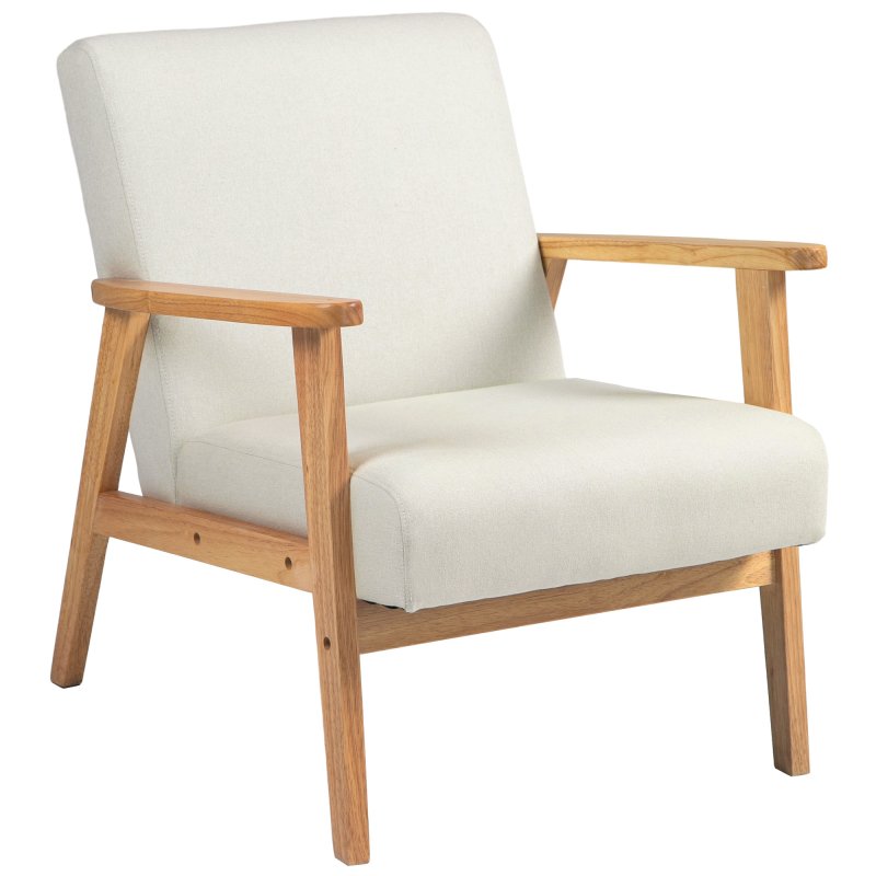 HOMCOM Accent Armchair, Living Room Chair, Wooden Upholstered Single Lounge Chair with Rubber Wood Legs and Padded Seat , Leisure Sofa Chair for Bedroom Office, Cream White