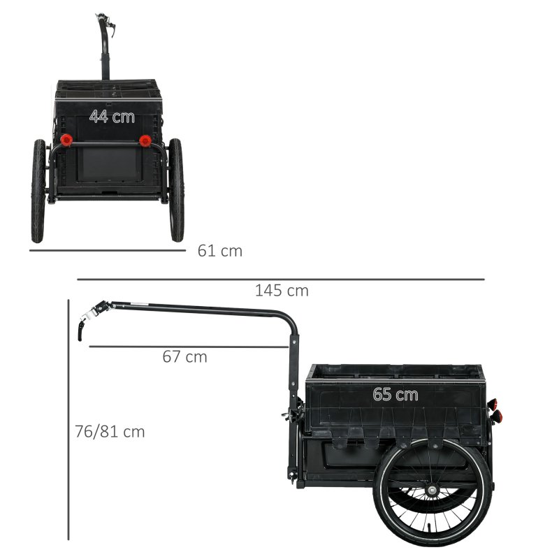 HOMCOM Bike Trailer, Bicycle Cargo Trailer Wagon Cart with 65L Foldable Storage Box, Pneumatic Tyres and Safe Reflectors, Max Load 40KG, Black