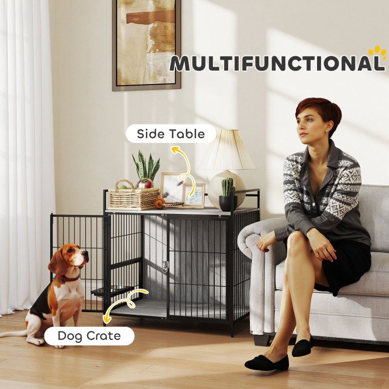 PawHut Dog Crate Furniture with 2 Rotatable Bowls, Dog Crate End Table with 2 Anti-Escape Doors, Storage Shelf, for Medium Dogs, 80 x 56 x 76.5 cm, Grey