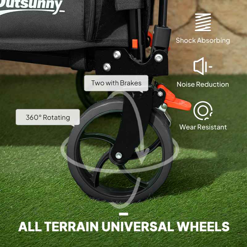 Outsunny Folding Trolley on Wheels, 150L Collapsible Wagon Festival Trolley Cart with Openable Sides, Adjustable Handle and Brakes for Shopping Camping Beach and Garden, Black