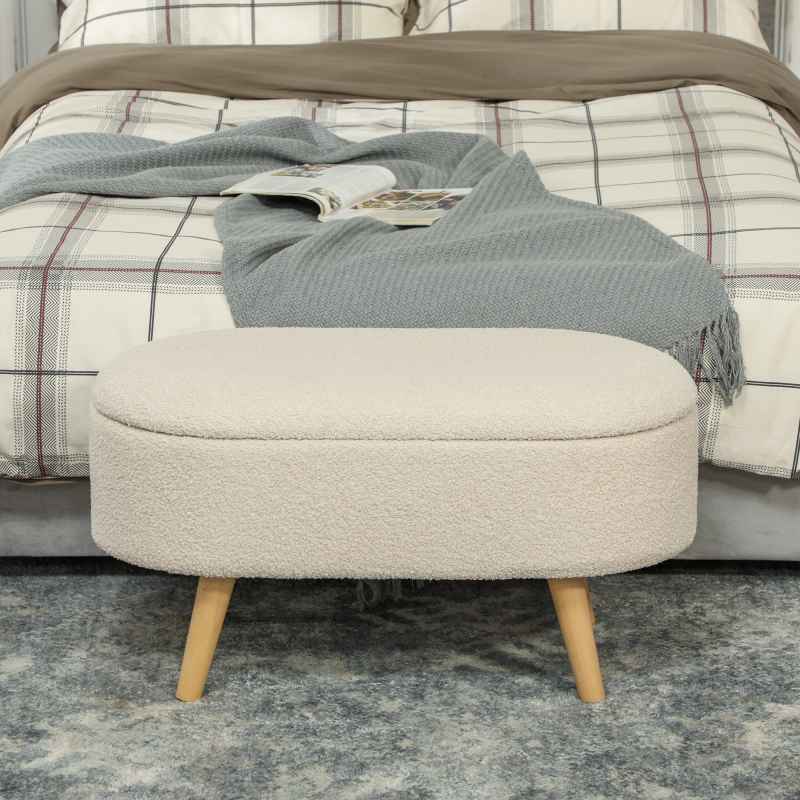 HOMCOM Ottoman Storage Bench, Padded Bedroom Bench with Storage and Lid, Foot Stool for Hallway, Living Room, Cream White