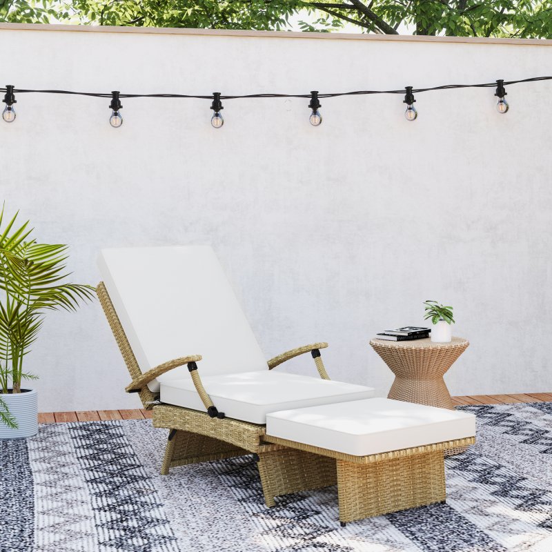 Outsunny Outdoor PE Rattan Recliner Chair with Cushion, Foldable Design Garden Recliner Chair with Retractable Footrest and Adjustable Back with 80 degree Recline, Beige