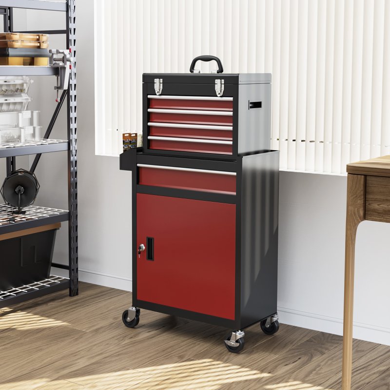 HOMCOM Rolling Tool Cabinet on Wheels with 5 Drawers and Lockable Cabinet, Portable Top Tool Chest and Roller Cabinet Combo for Workshop and Home, Red