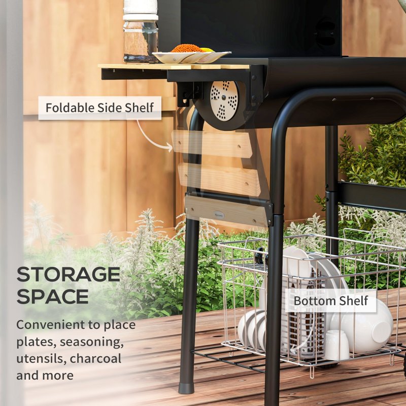 Outsunny Charcoal Barbecue Grill with Shelves, Portable BBQ Trolley Smoker with Wheels, Lid, Thermometer, Chimney for Outdoor Garden Party Cooking, Black