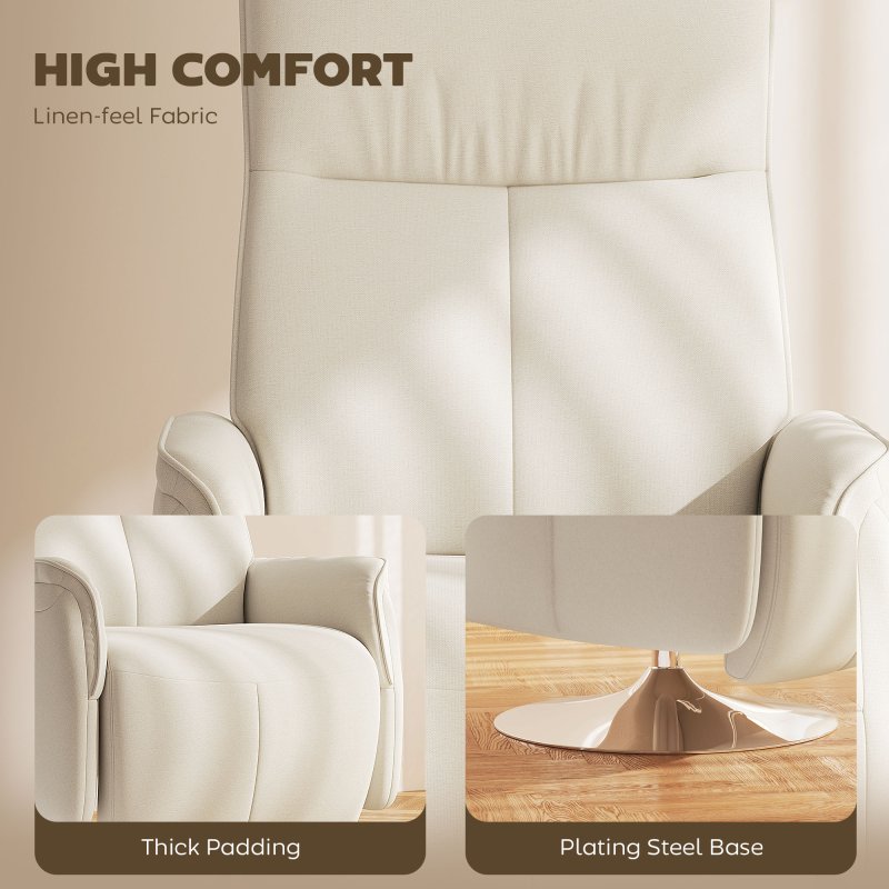 HOMCOM Massage Recliner Chair with Footstool, Upholstered Reclining Armchair with Adjustable Backrest and Steel Frame, Breathable Linen Fabric Swivel Chair for Living Room, Bedroom, Cream White