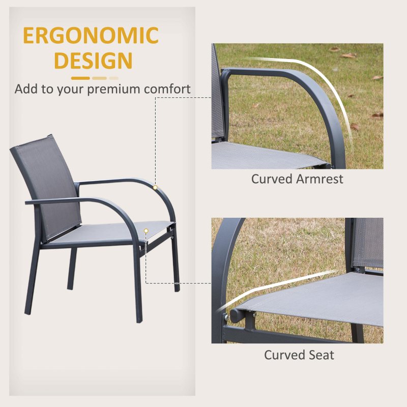 Outsunny 4 Pcs Curved Steel Outdoor Furniture Set w/ Loveseat, 2 Texteline Seats, Glass Top Table Garden Balcony Patio Furniture For Family Party Events Guests -Grey