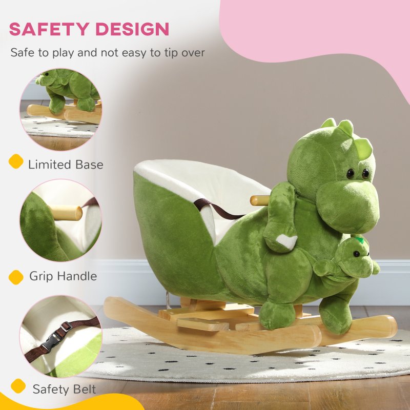 AIYAPLAY Baby Rocking Horse, Plush Ride on Dinosaur Seat with Safety Belt, 32 Songs, Wood Base, Hand Puppet