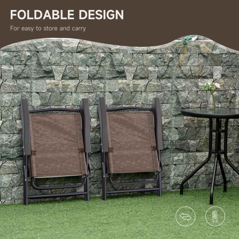 Outsunny 3 Piece Outdoor Bistro Set, Patio Conversation Furniture Set with 2 Folding Backrest Adjustable Armchairs and Glass Top Coffee Table, Brown