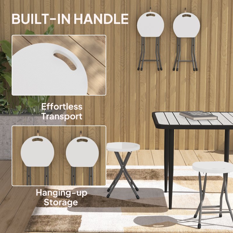Outsunny Folding Stool Set of 4, Decorative Garden Stool Chair with Safety Latch, Foldable Garden Stools with Powder-Coated Steel Legs HDPE Seat and Handle for Indoor and Outdoor, White