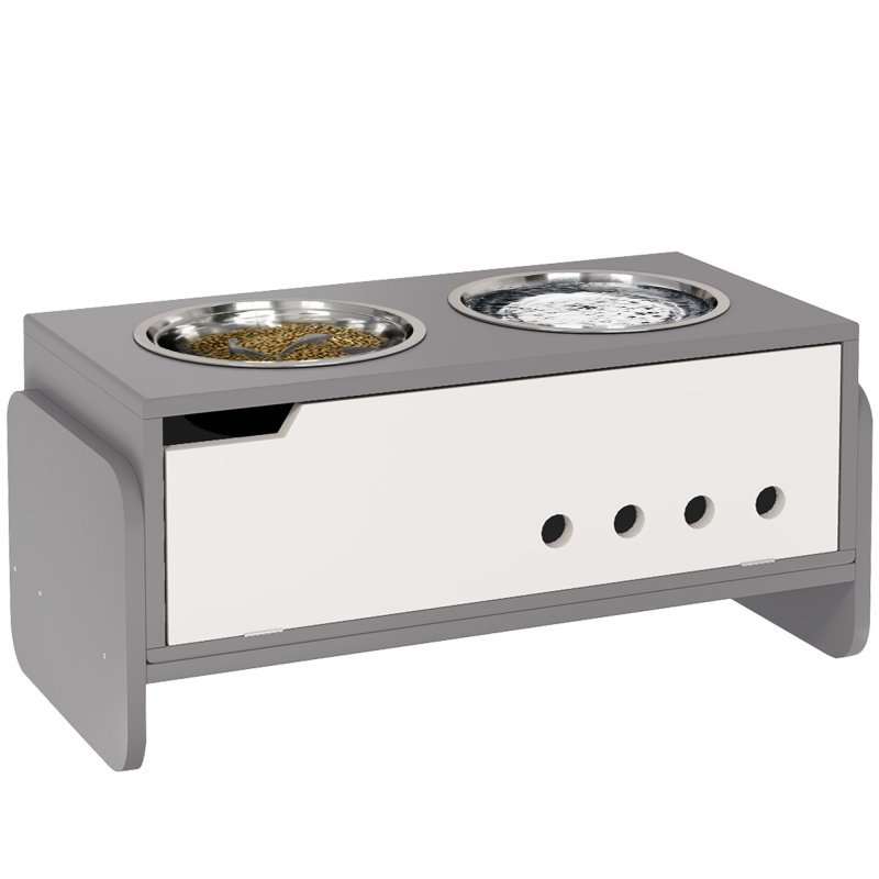 PawHut Raised Dog Bowls with Stand, 3 Height Adjustable Dog Feeding Storage Station with Slow Feeder Mat, 2 x 2000mL Stainless Steel Bowls for Medium to Extra Large Dogs - Grey
