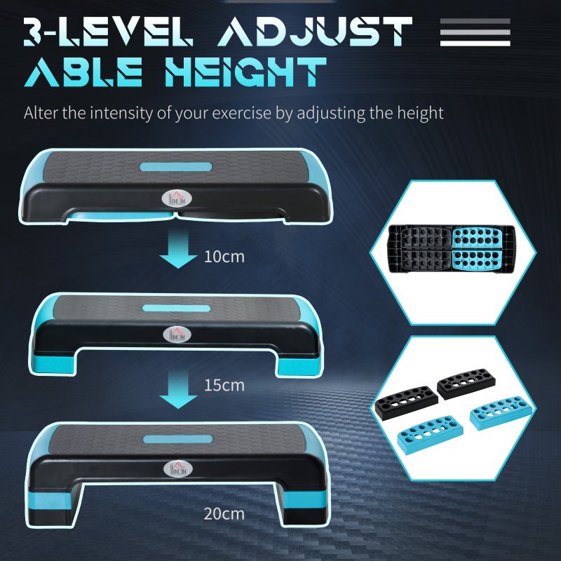 HOMCOM Aerobic Step, 10cm, 15cm & 20cm Height Adjustable Exercise Stepper for Exercise Workout, Nonslip Step Board Great for Home & Office, Black and Blue