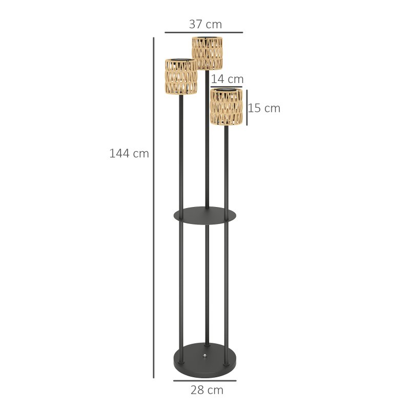 Outsunny Boho Rattan Floor Lamp, 3-Lights Rattan Lamp with Shelf, Freestanding Solar Garden Light with Auto On/Off Lights, IP44 Waterproof for Porch, Pathway, Deck, Yellow