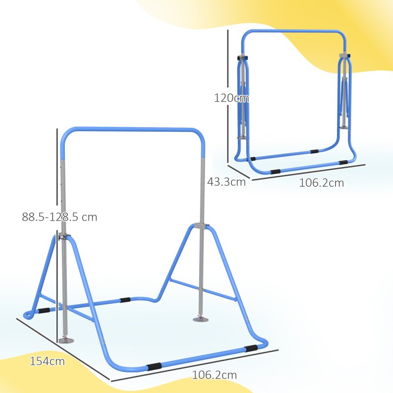 HOMCOM Kids Gymnastic Bar, Foldable Horizontal Bars w/ Adjustable Height, Training Bar w/ Triangle Base - Blue