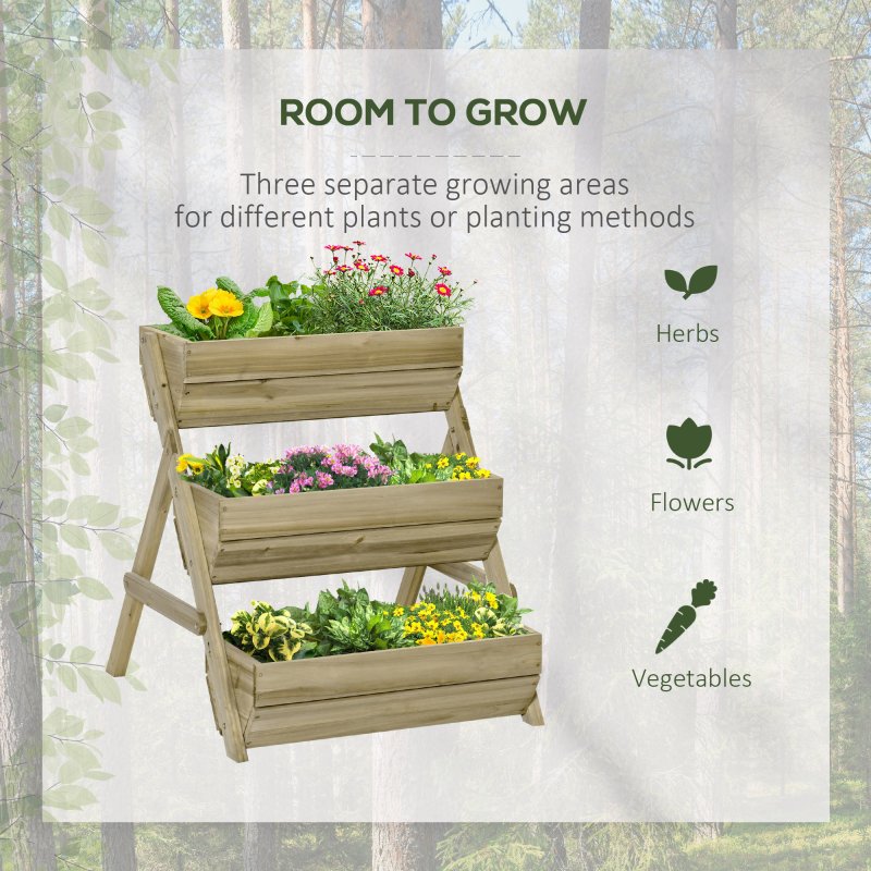 Outsunny 3 Tier 66L Raised Garden Bed Wooden Elevated Planter Box Kit for Flower, Vegetable, Herb, 65 x 75 x 76cm, Green