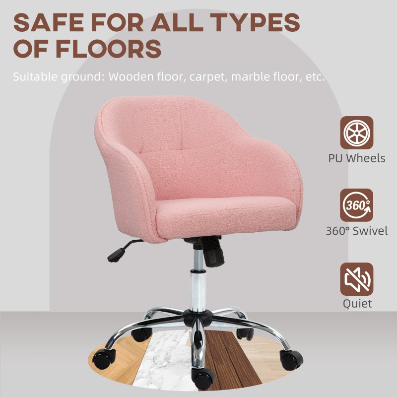 HOMCOM Office Chair, Teddy Fleece Swivel Computer Desk Chair, Makeup Vanity Seat with Adjustable Height for Home Study Bedroom, Pink